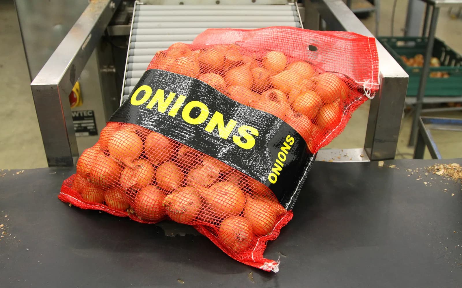 A netted bag of onions on the line at Moulton, from the import programme